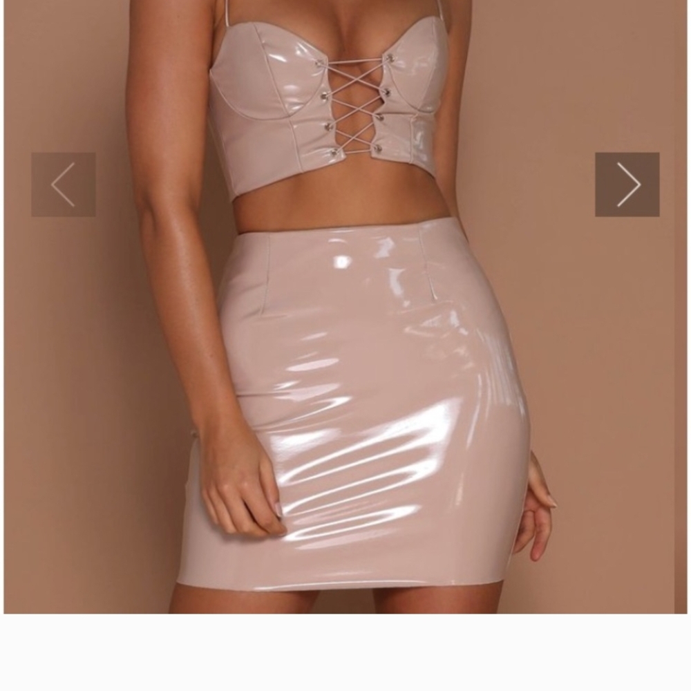 Meshki Vinyl Patent Leather Beige Mini Skirt